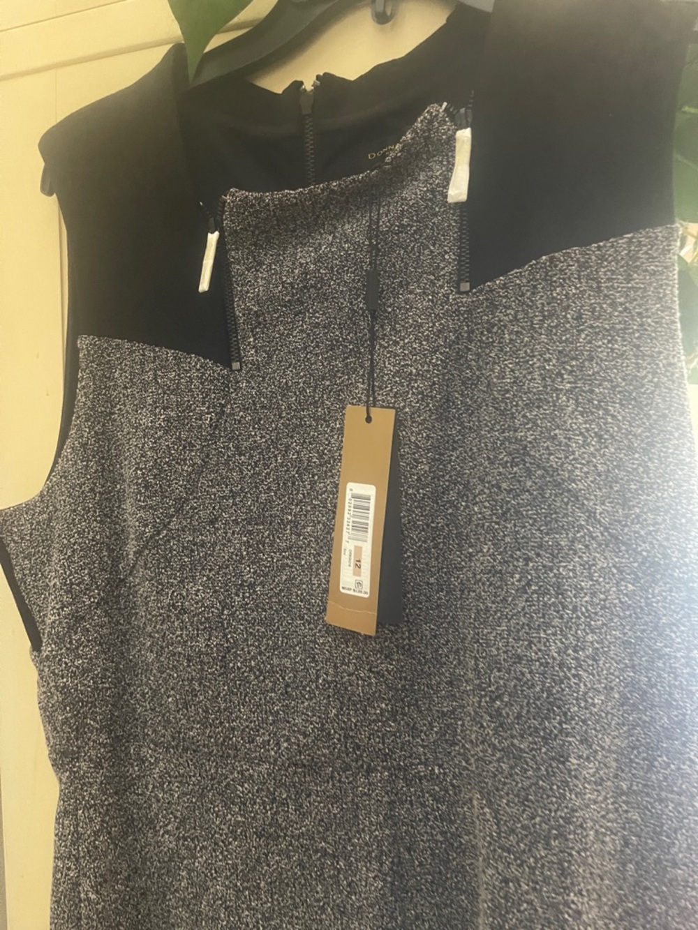 Sleeveless Tweed-Look Shift Dress with Black Yoke